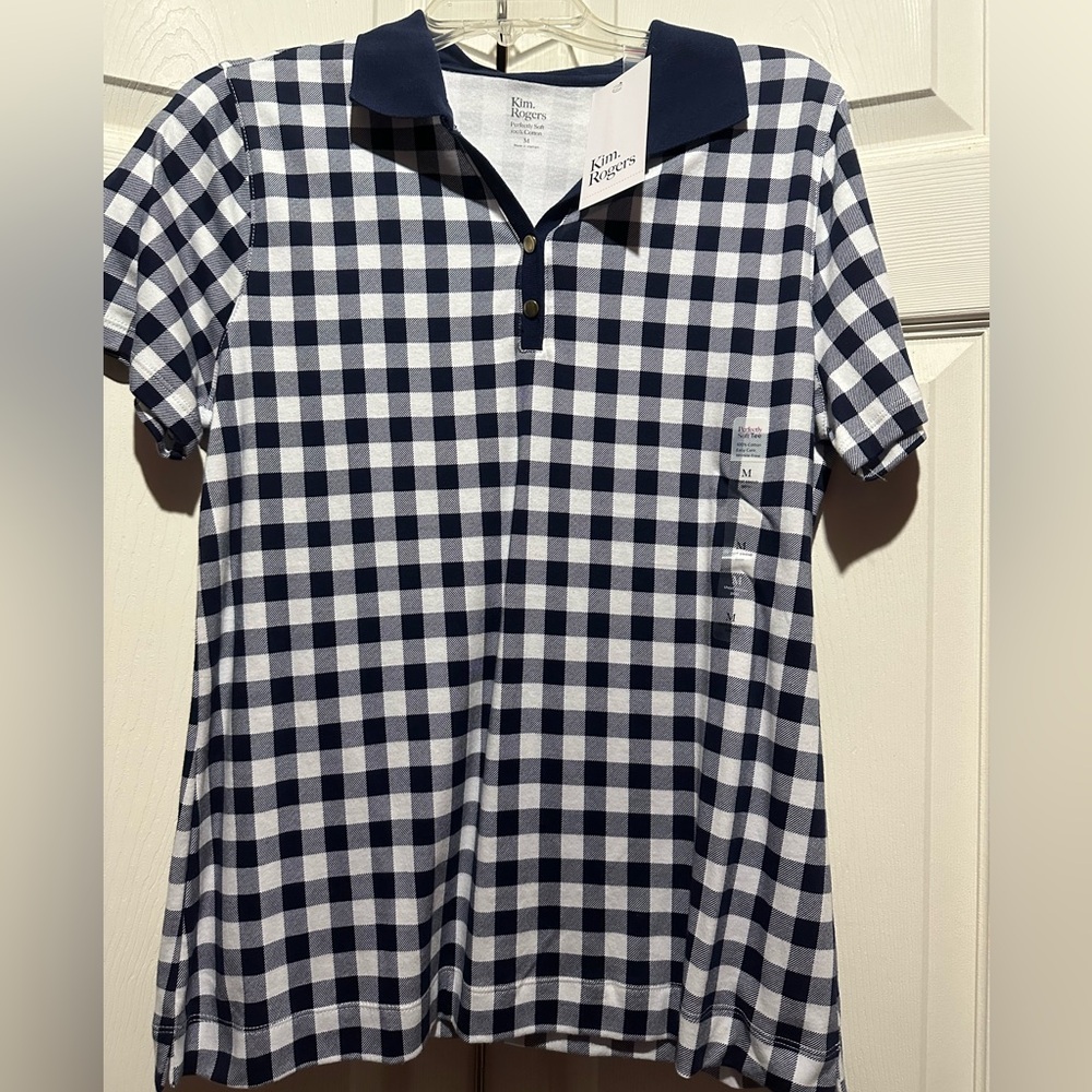 Kim Roger's women's medium collared plaid checked navy perfectly soft tee shirt